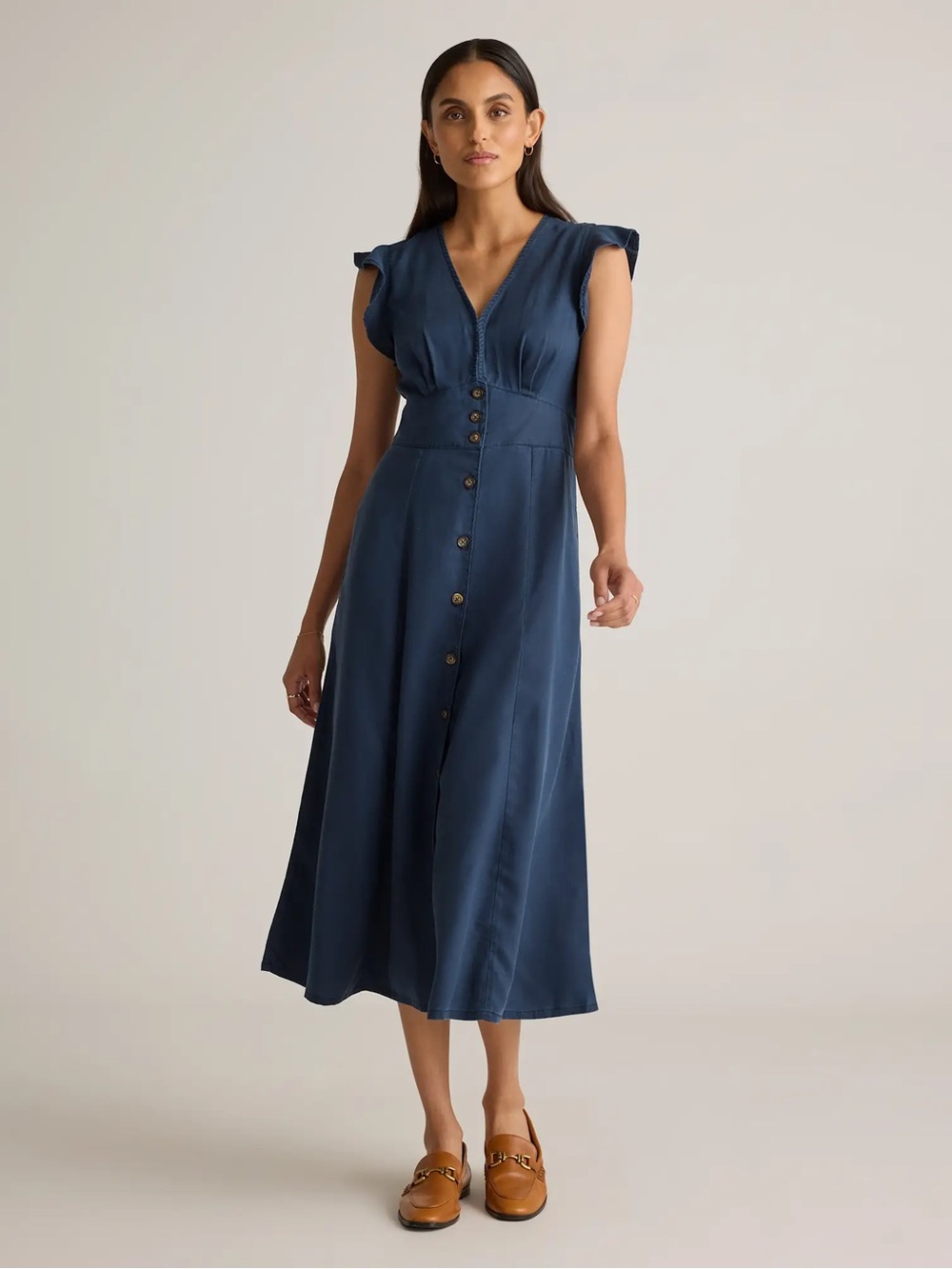 Quince Vintage Wash Tencel Button Front Midi Dress - Midnight Blue